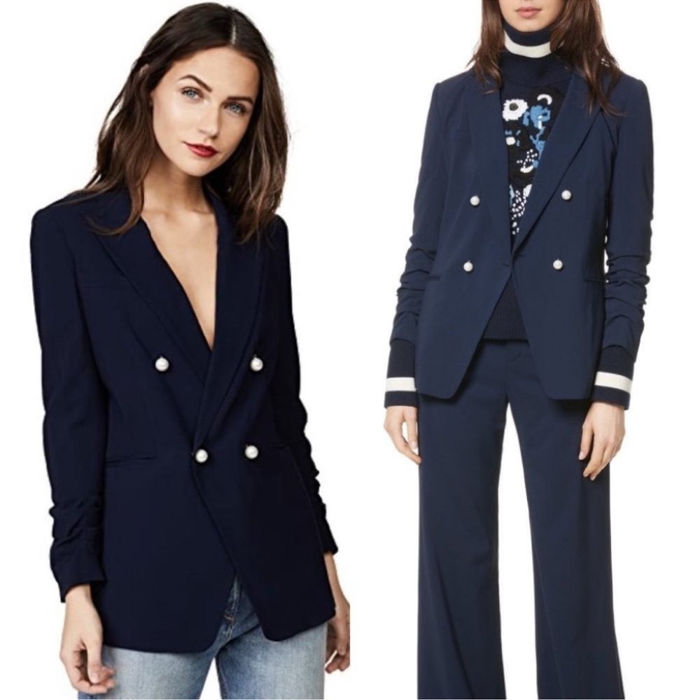 VERONICA BEARD Whit Pearl Button Navy Double Breasted Blazer